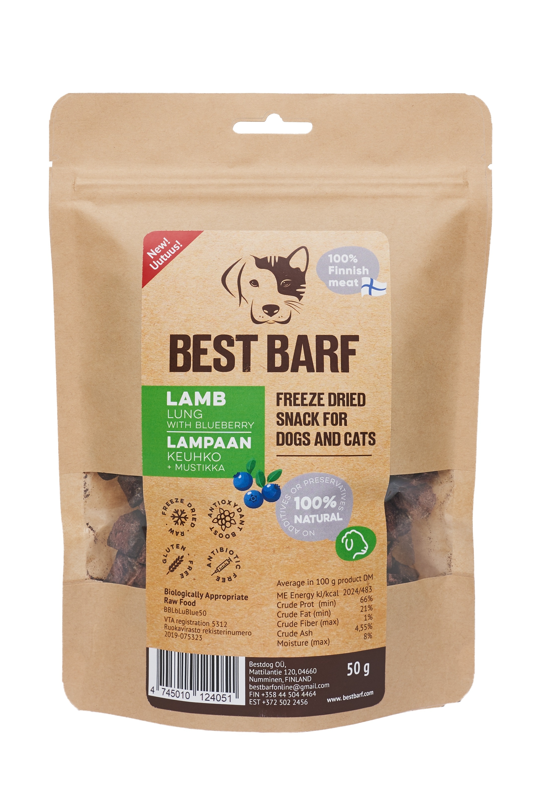 Best Barf külmkuivatatud maius, lamba kops mustikatega 50 g - Tootepilt 5